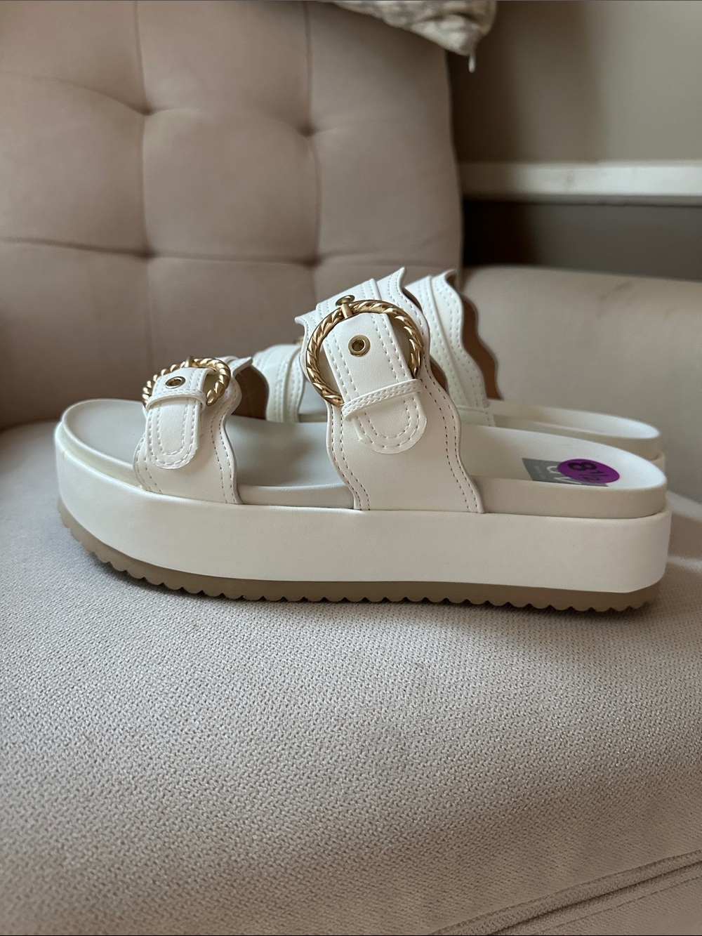 DV by Dolce Vita Cream Platform Slide Sandals with Gold Buckles
